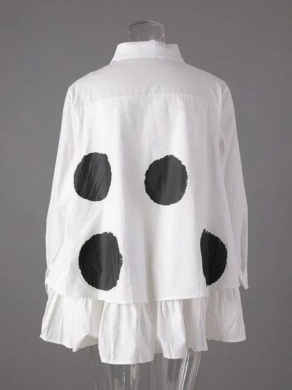 Women Black Color-block Dot Big Size Blouse New Lapel Long Sleeve Large Hem Shirt Fashion Tide Spring Autumn 2026 1DH4274