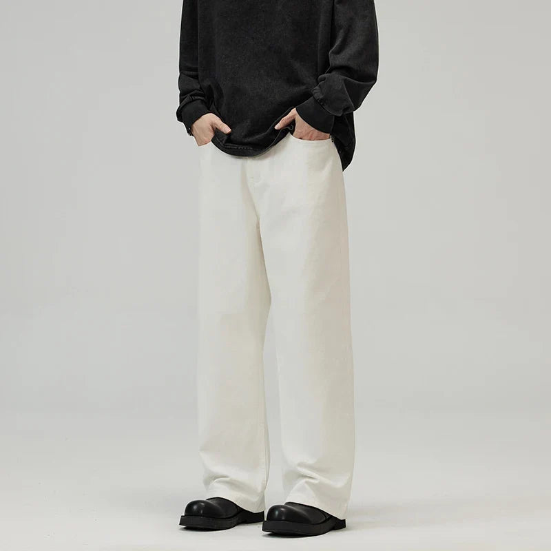 100％ Cotton Men's Baggy Straight Jeans Comfortable Soft Casual Pants Fashion Korean White Brown Denim Trousers Male Clothing