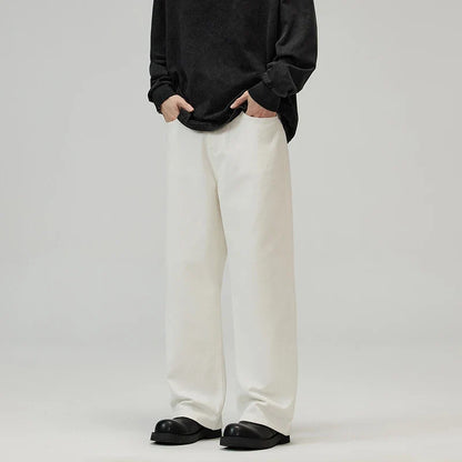 100％ Cotton Men's Baggy Straight Jeans Comfortable Soft Casual Pants Fashion Korean White Brown Denim Trousers Male Clothing