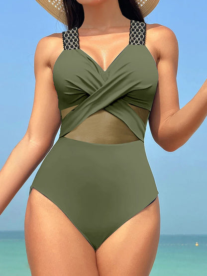 2026 Plain Ruched Mesh Swimsuit Women One Piece Ring Link Swimwear Female Sexy Bathing Swimming Suit Bodysuit Summer Beachwear