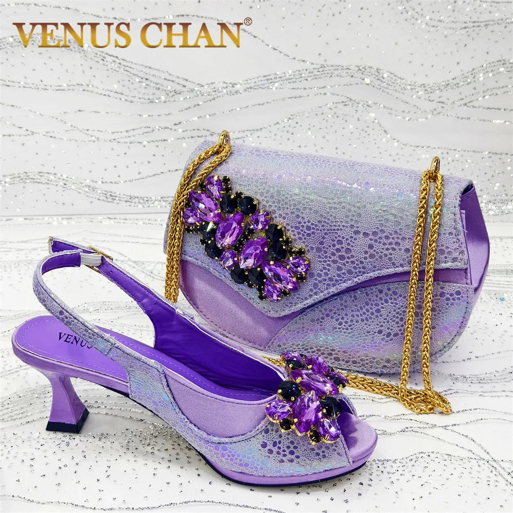 Open Toe Women Heels for 2025 Elegant Party Taro Purpler Diamond Pumps Italian Shoes and Bags Matching Set