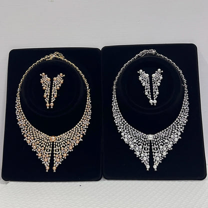 Luxury Cubic Zirconia 2pcs Pearl Necklacе Nigeria Dubai Bridal Wedding Jewellery Sets For Women Party  Accessories