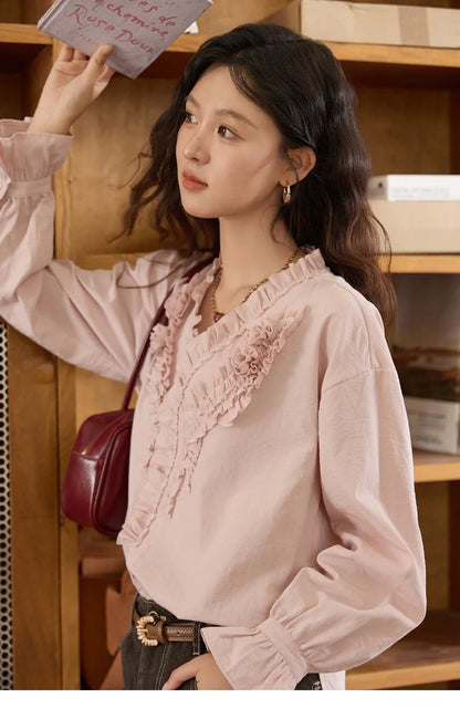 Hand Sewn Rose Blouse for Women Autumn 2025 V-neck  Edible Tree Fungus Edge Tops Sweet Lantern Sleeves Blouses MXE44X2470