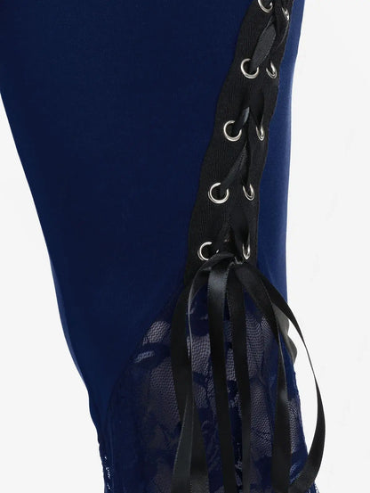 Plus Size Womens Pull On Flare Pants Gothic High Waist Overlength Lace Panel With Lace-up Pleated Trousers Skinny Pants