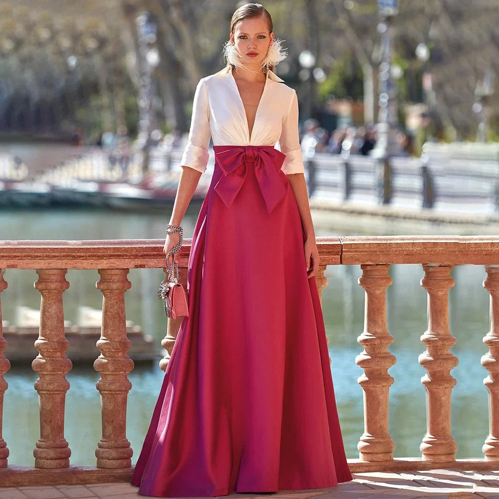 Customized Wedding Party Dress Deep V Neck Half Sleeves Formal Evening Gowns for Women Floor Length A Line Evening Dresses Satin