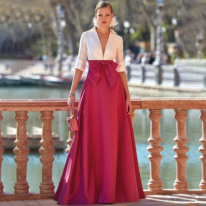 Customized Wedding Party Dress Deep V Neck Half Sleeves Formal Evening Gowns for Women Floor Length A Line Evening Dresses Satin