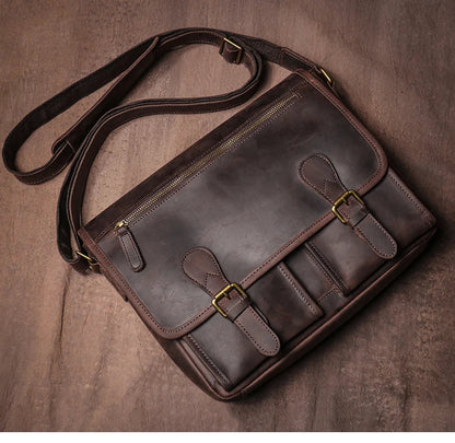 Vintage Crazy Horse Leather Messenger Bag Men's Genuine Luxury Sling Shoulder Bag Office Briefcase Crossbody 12.9 Inch Ipad