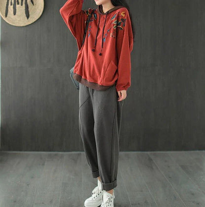 Brown Hoodies Embroidered Female Clothes Hooded Red Sweatshirts for Women Loose Green Baggy Tops Aesthetic Thick Goth Trend Emo