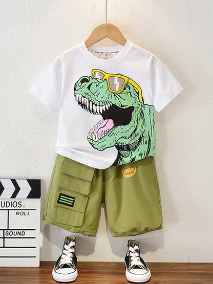 Summer New Baby Boy Clothes Set Child Pure Cotton Fashion Dinosaur Print Short Sleeve 2-Piece Set Cozy Children's Clothing