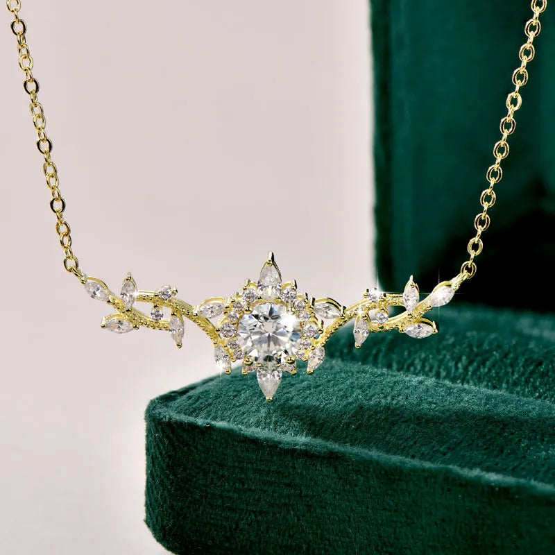 Certificated Moissanite Necklace 14K Gold Filled Sophisticated Floral Leaf Pendant Necklaces for Women Wedding Jewelry