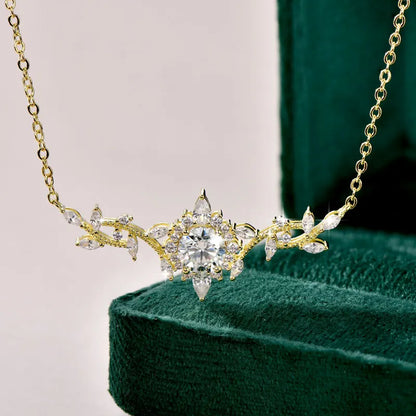 Certificated Moissanite Necklace 14K Gold Filled Sophisticated Floral Leaf Pendant Necklaces for Women Wedding Jewelry