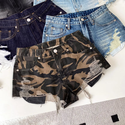 American Retro Camouflage Mini Shorts 2026 Ladies Hollow Out Slim Beach Pants Hot Girl Sexy Print Denim Shorts