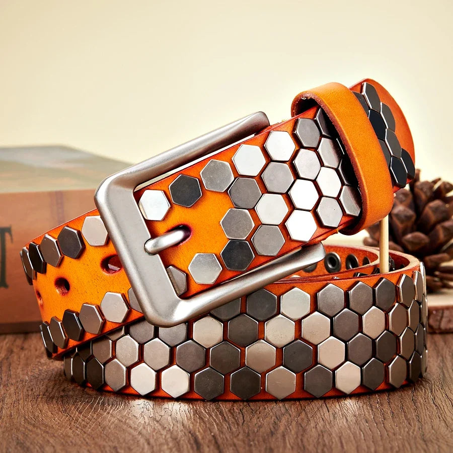 3.8cm Width Men Rivet Studded Belt Punk With Pin Buckle Belts Hip Hop Male High Quality Genuine Leather Belt Rock Strap