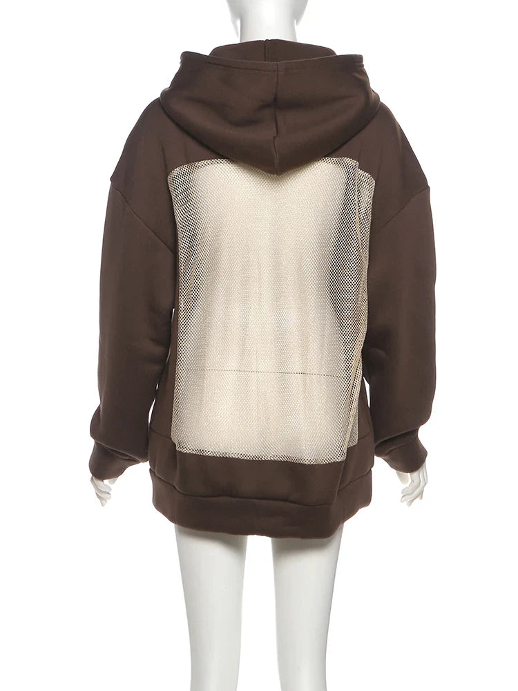 Hooded Harajuku Sweatshirt Women Autumn Trend Backless ShinyThrea Mesh Patchwork Casual Street Hipster Pulloverr