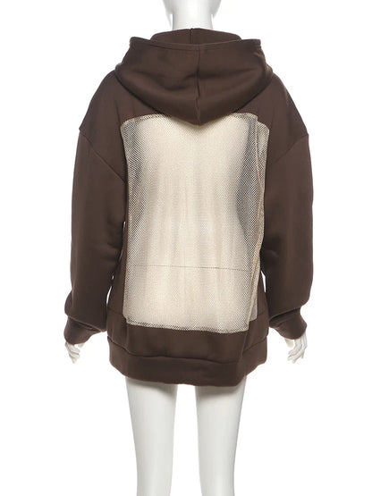 Hooded Harajuku Sweatshirt Women Autumn Trend Backless ShinyThrea Mesh Patchwork Casual Street Hipster Pulloverr