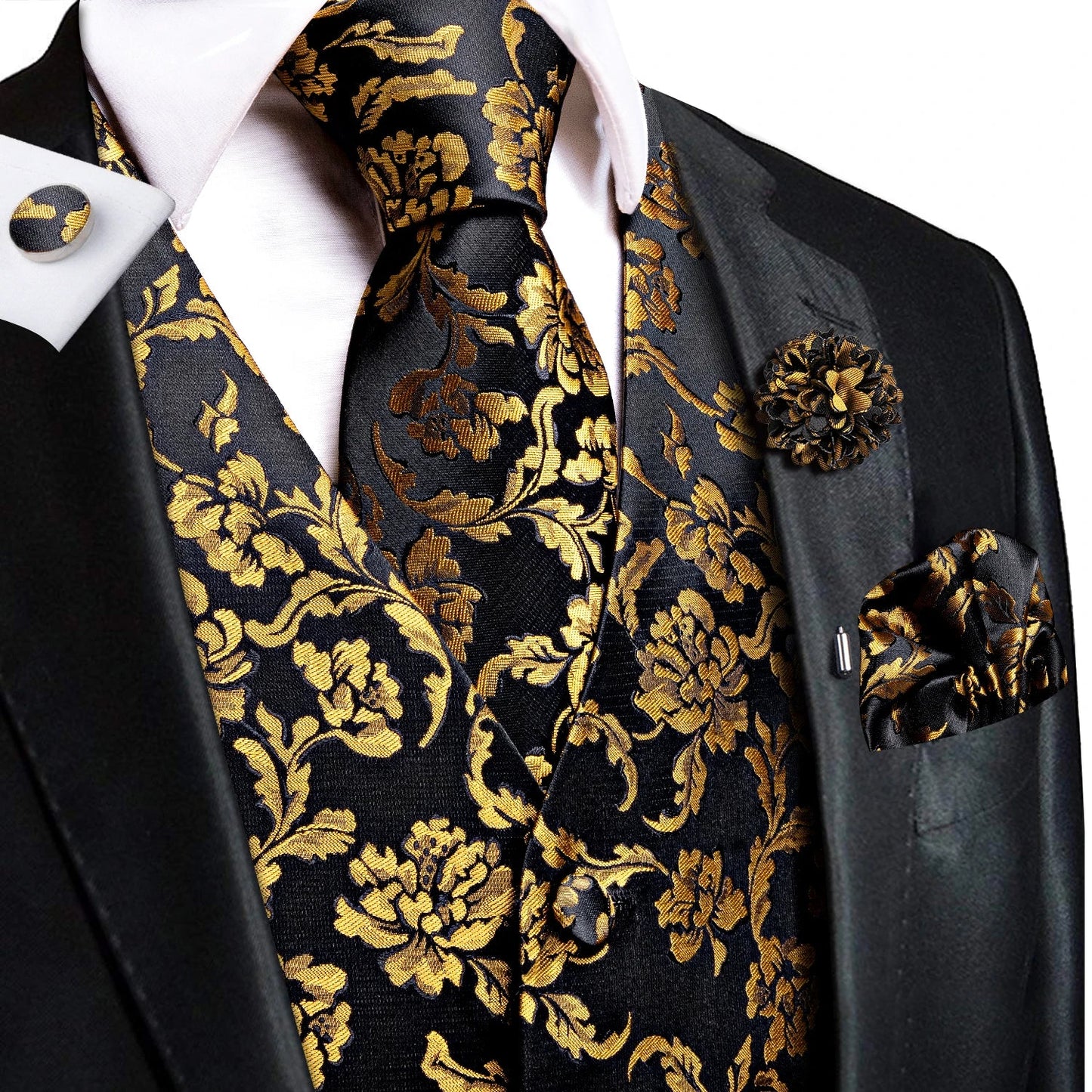 High Quality Silk Mens Vests Champagne Paisley Waistcoat Neck Tie Hanky Cufflinks Brooch Set for Men Suit Wedding Office