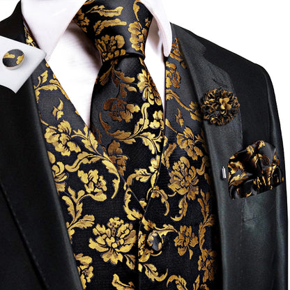 High Quality Silk Mens Vests Champagne Paisley Waistcoat Neck Tie Hanky Cufflinks Brooch Set for Men Suit Wedding Office