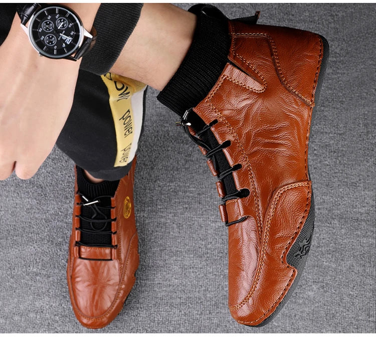 Men's Wear-resistant Boots Casual Classic Genuine Leather Handmade Shoes Ankle Round Toe Lace Up Walking Business Boot