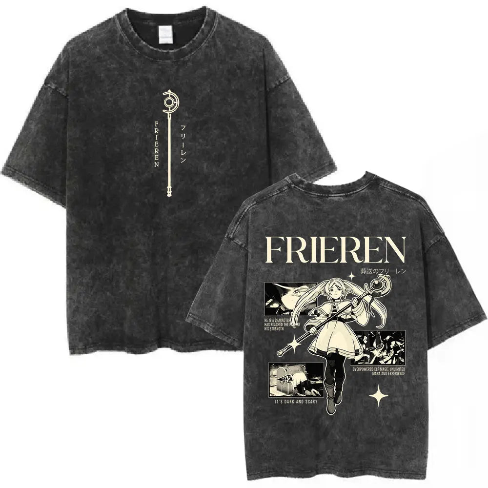 Anime Frieren: Beyond Journey's End Graphic Washed Vintage T-shirt Men's Women Fashion Short Sleeve Cotton Casual Loose T Shirts