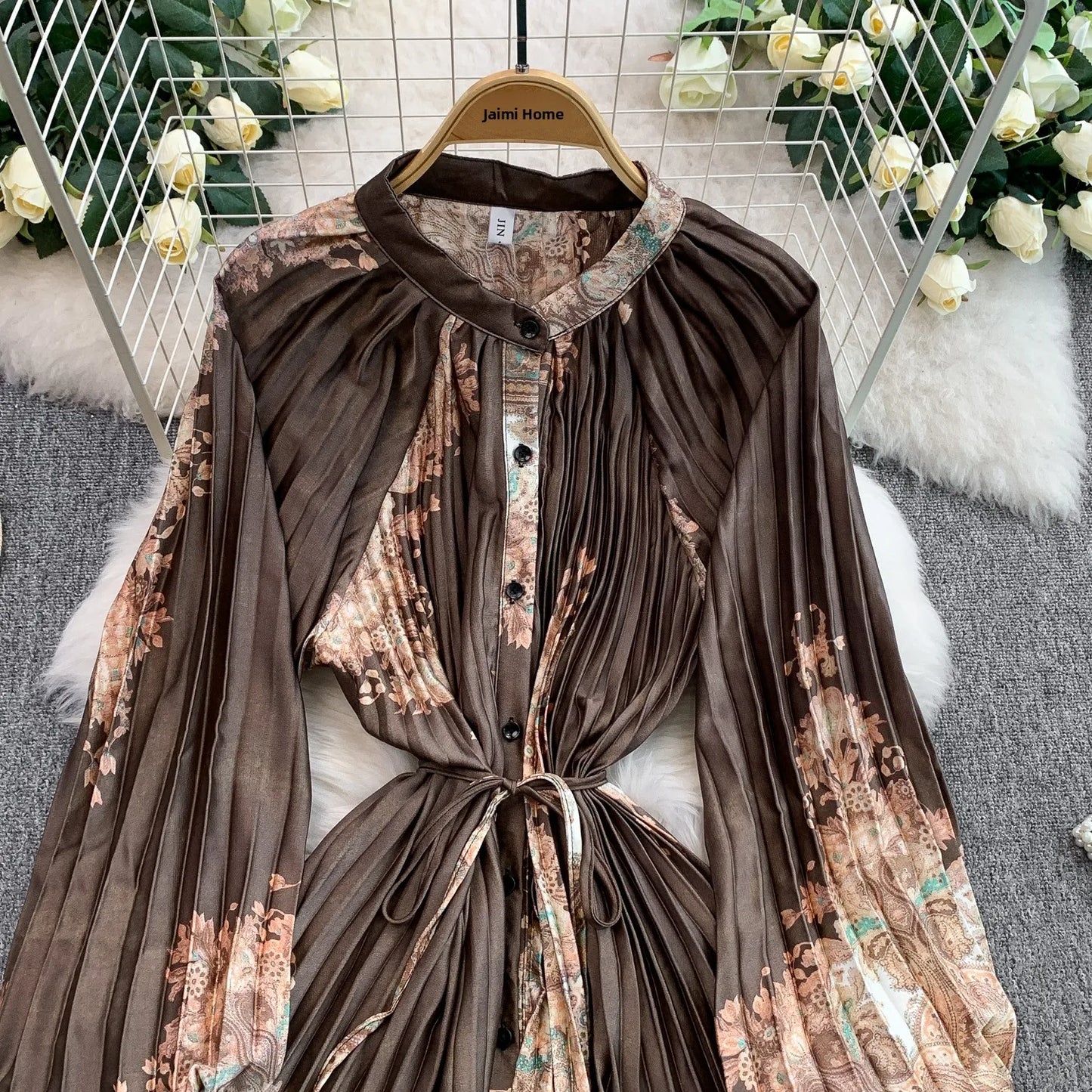 Ele Printed round Ne Lantern Sve Dr Women's Single Button Waist Cinch Maxi Skirt Long Dr Commute Sle Autumn