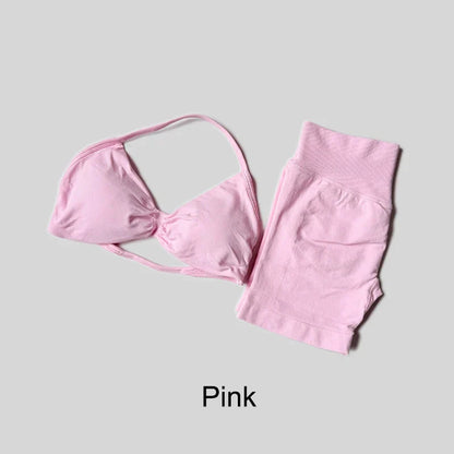 Yoga Set Fitness Gym Women Solid High Waist Peach Short Legging Halter Neck Sport Bra Athletic Gym Suit