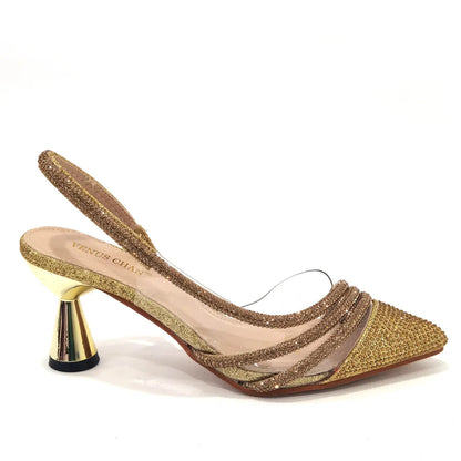 Italian Pointed Toe Wedding Shoes Gold Color Summer Sandal for Women 2023 High Heels Rhinestone Shoe and Bag Set