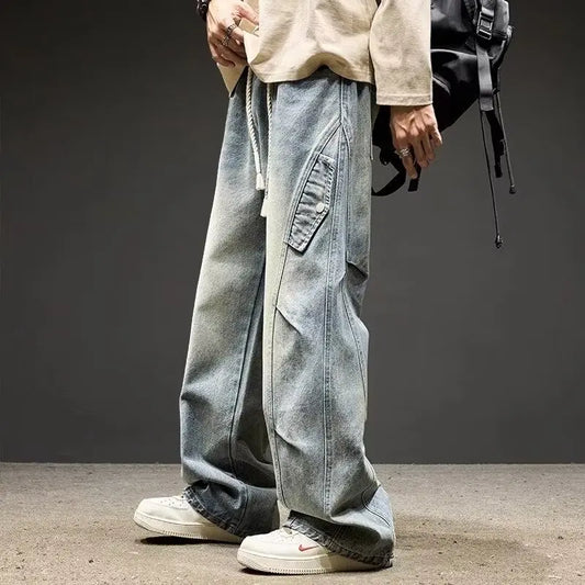 Korean High Street Retro Men'S Jeans Pleated Patchwork Paratroopers Autumn And Winter Loose Casual Straight Leg Pants