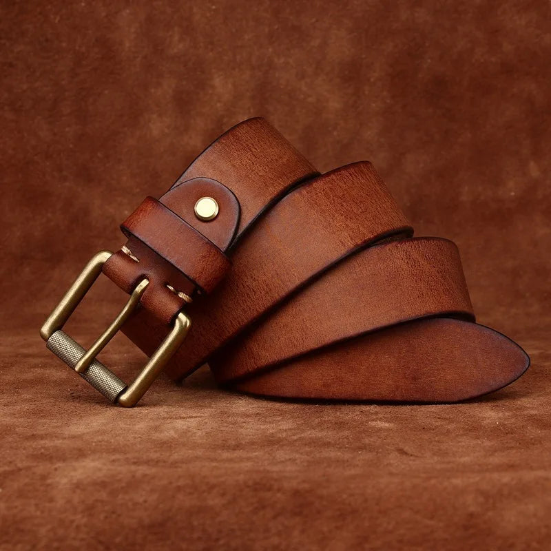 3.8CM Genuine Leather Belt Men Luxury Strap Male Fashion Pure Cowhide Copper Buckle Wild Classic Retro Pin Buckle High Quality
