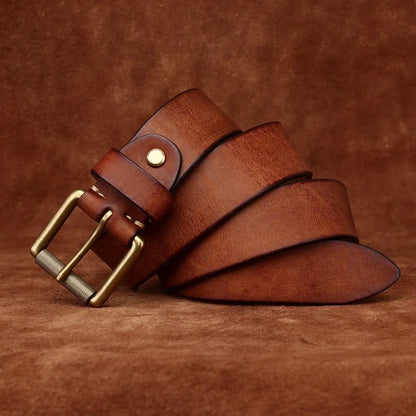 3.8CM Genuine Leather Belt Men Luxury Strap Male Fashion Pure Cowhide Copper Buckle Wild Classic Retro Pin Buckle High Quality