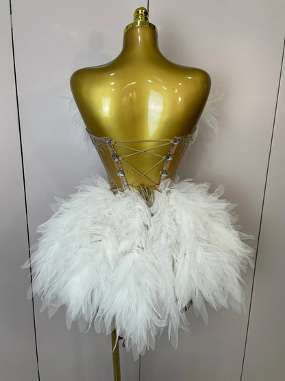 2025Women Sexy Backless Strap Mesh Fluffy Skirt 2 Pieces Diamond Sequins Stage Performance Costume Birthday Party Shooting Dress
