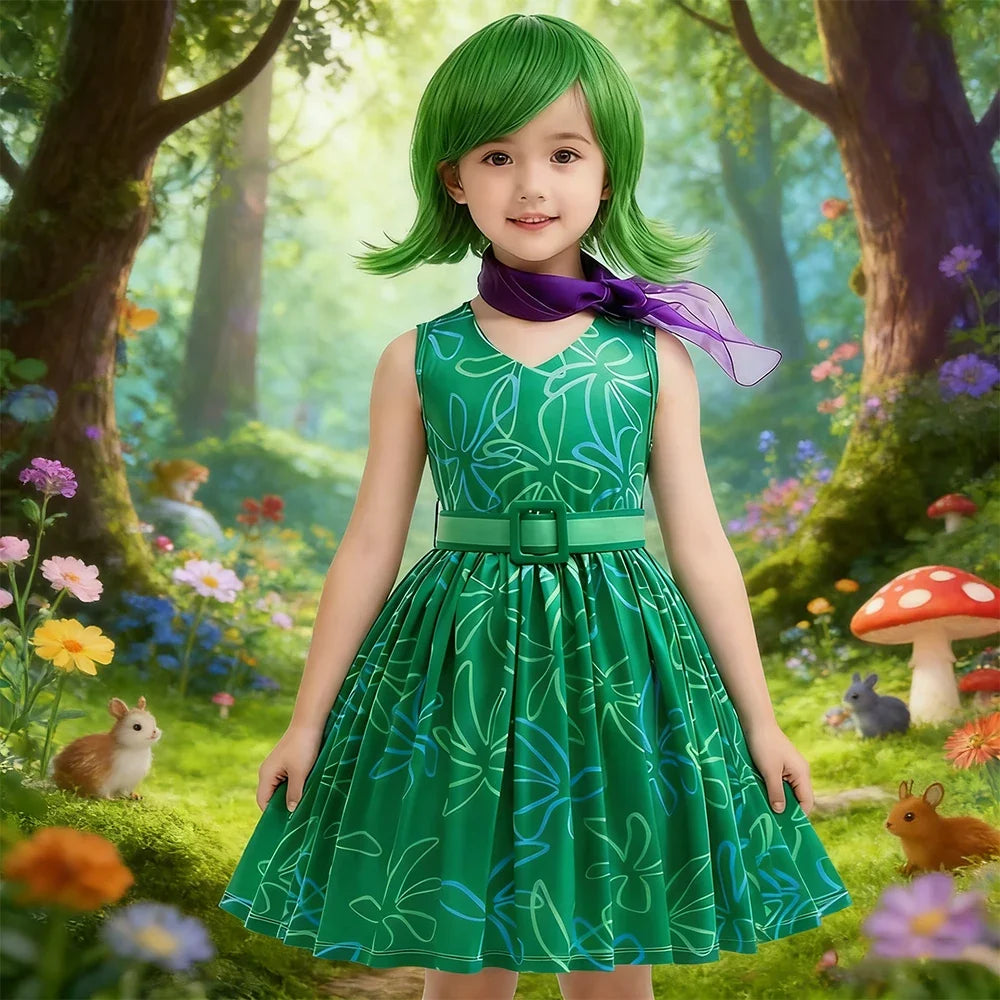 Girls Inside Out Disgust Cosplay Halloween Costumes Birthday Party Dresses Children's Role-playing Christmas Carnival Clothing