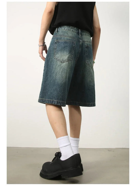 Summer Retro Washed Distressed Baggy Jorts Men's High Street Fashion Straight Jeans Shorts Y2K Casual Blue Denim Short Pants