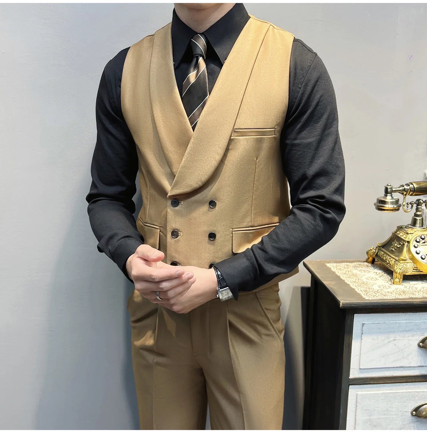 ( Vest + Pants) High-end Brand Solid Color Suit Vest 2 pieces Men Luxury Double Breasted Design Fashion Vest Set Club Clothing