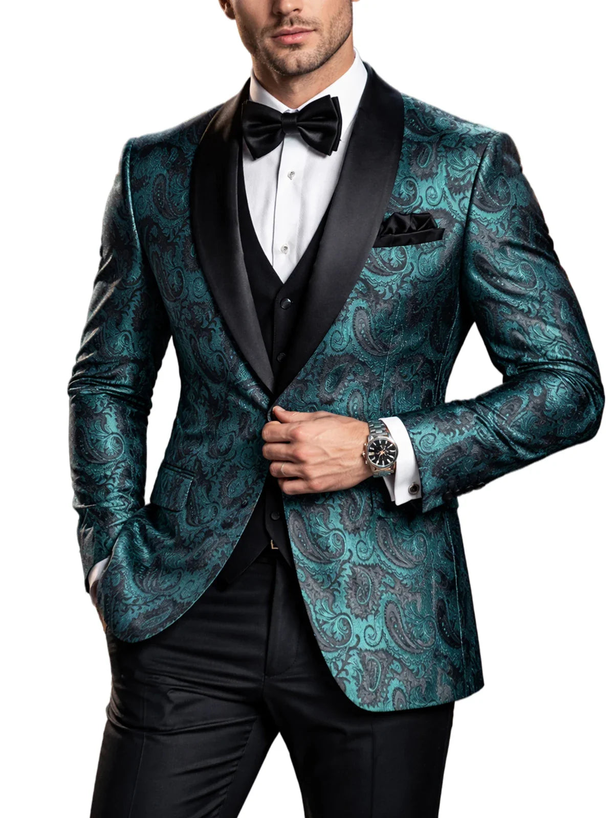 Men's Shiny Paisley Jacquard Tuxedo Blazer Slim Fit Shawl Lapel One Button Formal Prom Jacket for Wedding Groom Party