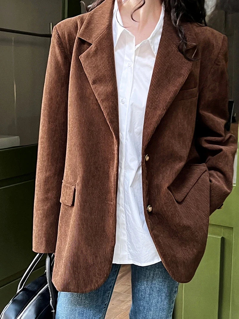 Brown Corduroy Suit Jackets Women's Spring New Fashion Loose Casual Blazers Notched Collar Single Breasted Pockets Female Tops