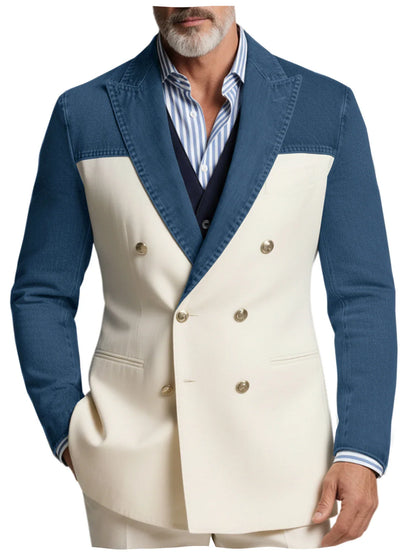 Men's Blazer Denim Sleeve Patchwork Double Breasted Suits Coats Casual Business Fashion Jacket for Spring Autumn Wedding Party