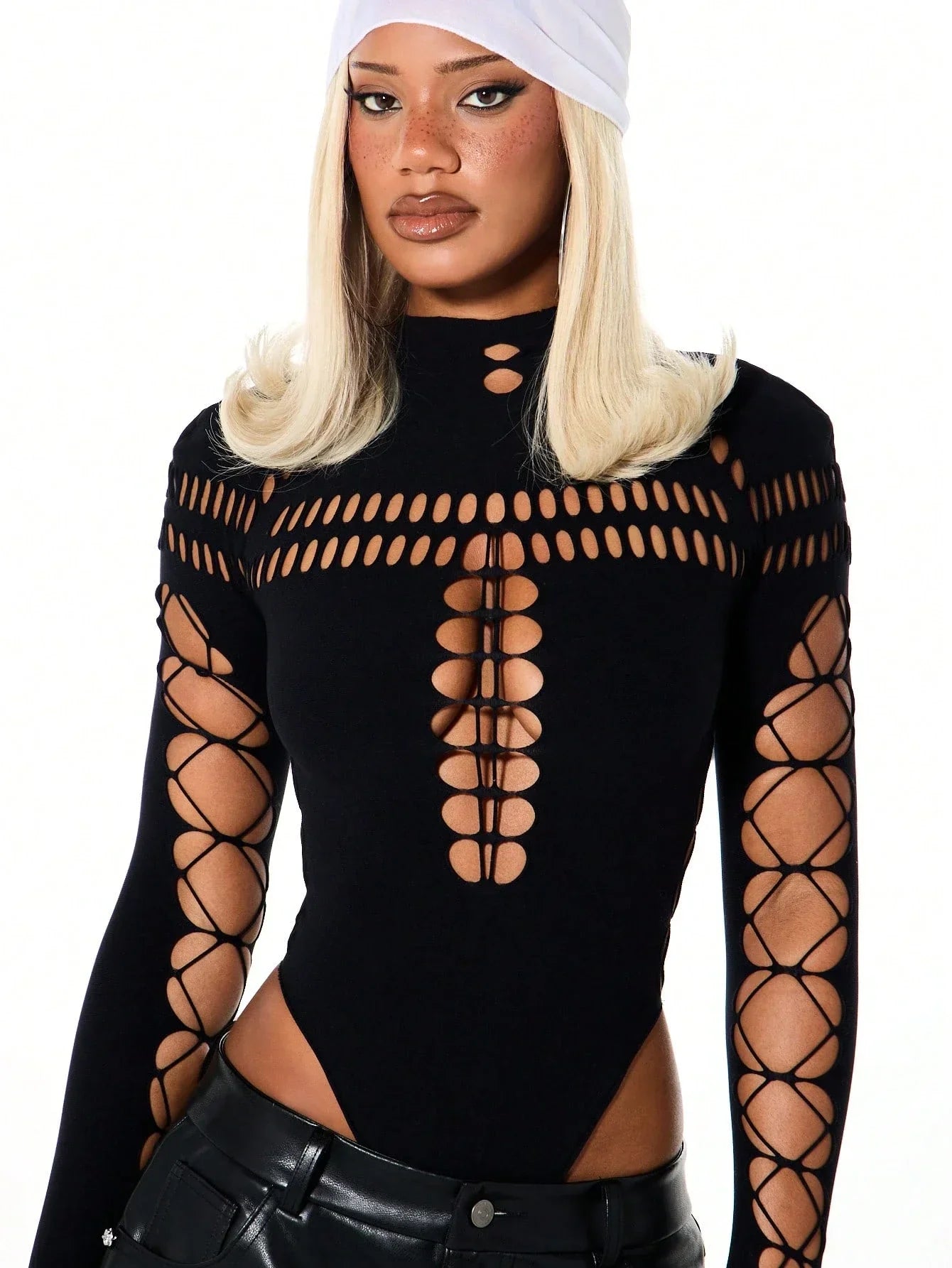 Summer Women's Y2K Sexy Bodysuit High Neck Bodycon Front Cutout & Lace-up Mesh Sleeve Stretchy Edggy Clubwear Streetwear