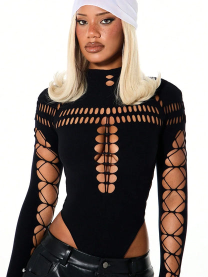 Summer Women's Y2K Sexy Bodysuit High Neck Bodycon Front Cutout & Lace-up Mesh Sleeve Stretchy Edggy Clubwear Streetwear