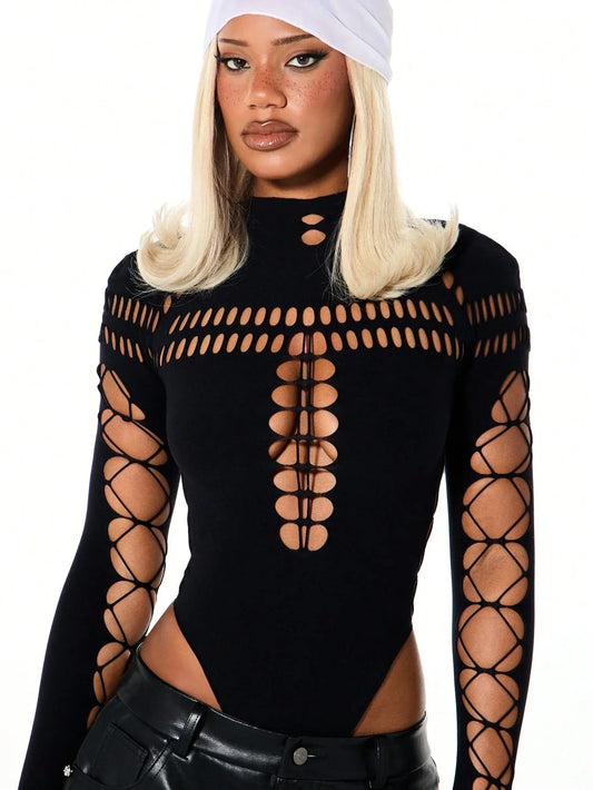 Summer Women's Y2K Sexy Bodysuit High Neck Bodycon Front Cutout & Lace-up Mesh Sleeve Stretchy Edggy Clubwear Streetwear