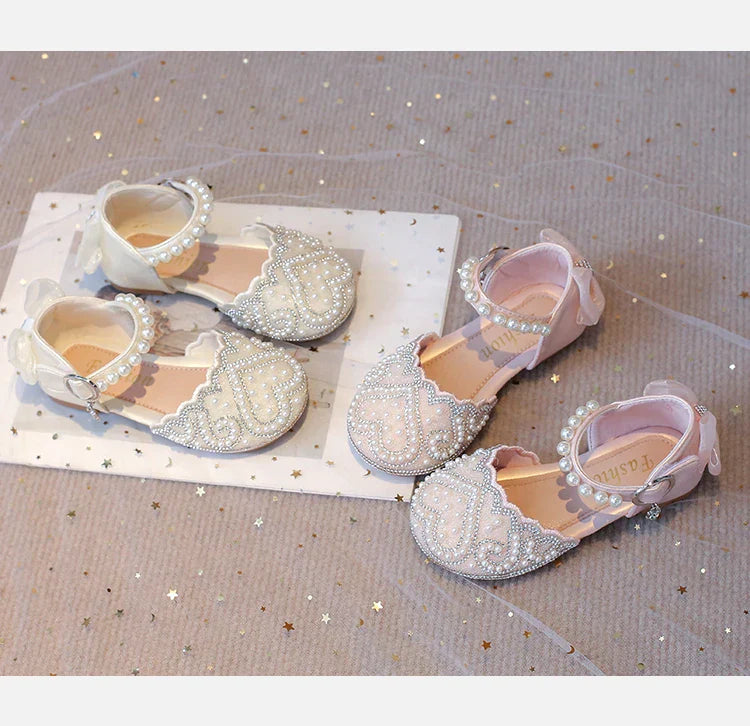 2025Summer Girls Sandals With Heel Fashion Rhinestone Shiny Glitter Shoes Children Princess Bowtie Pearl Dancing Shoes