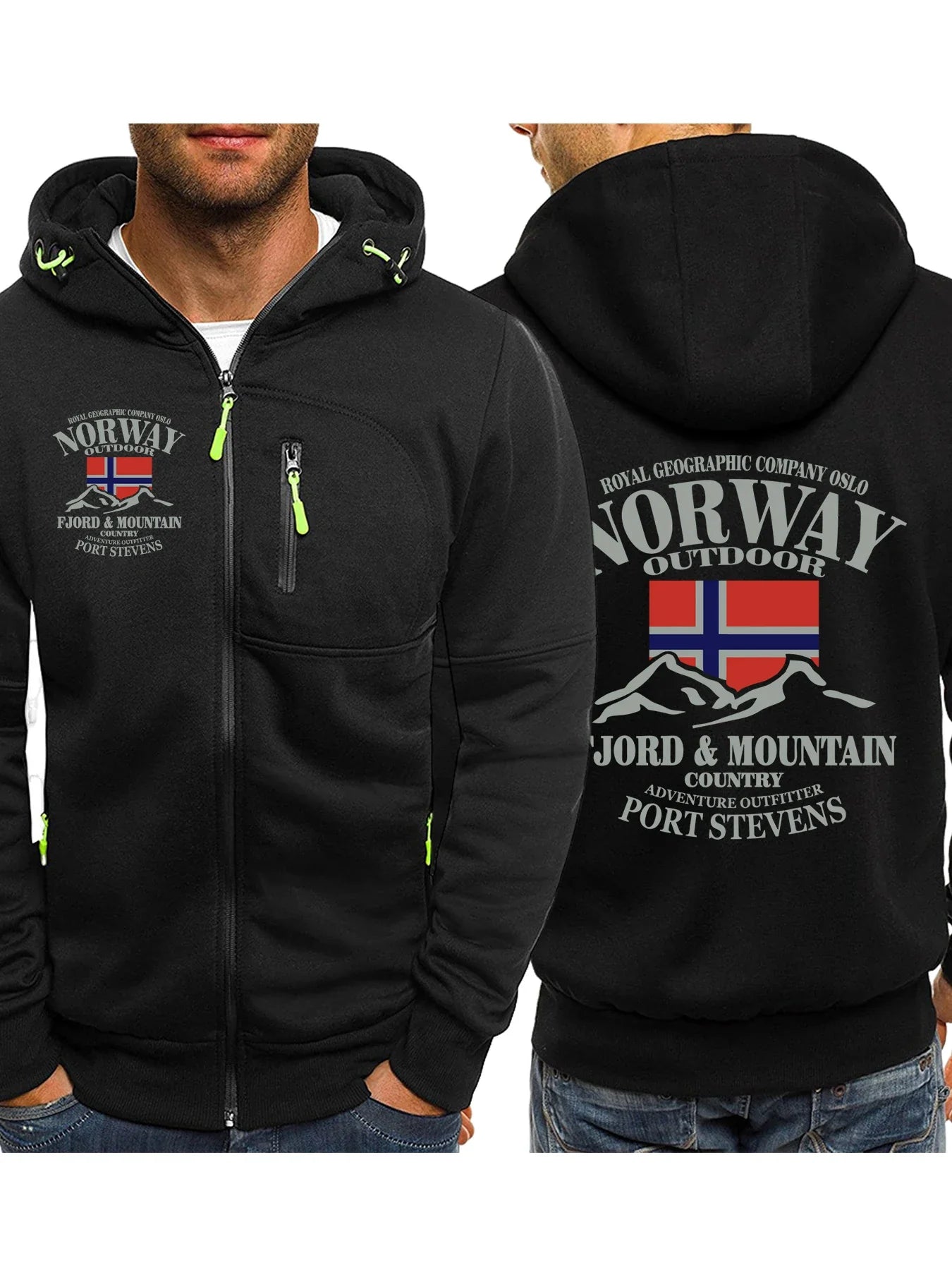 Fjords And Mountains Print Male Zipper Hoodie All-Match Fashion Streetwear Vintage Casual Clothes Autumn Loose Hooded