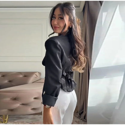 Chic Pleated Waist Cinched Women's Jacket V Neck Single Breasted Lace Up Blazer Coat Lady 2026 Casual Slim Commute Outerwear