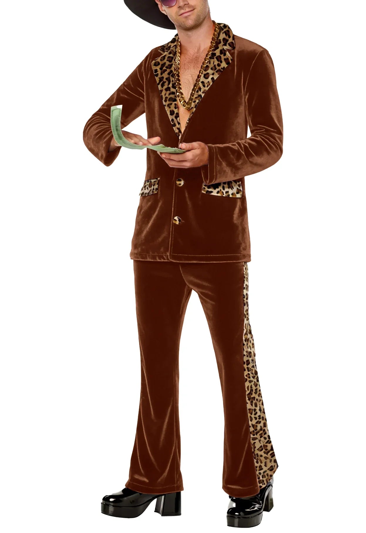 Luxury Men's Velvet Suit Notch Lapel Jacket Leopard Print Patchwork Trim Wide Leg Flare Trousers Tuxedo Cosplay Prom Event