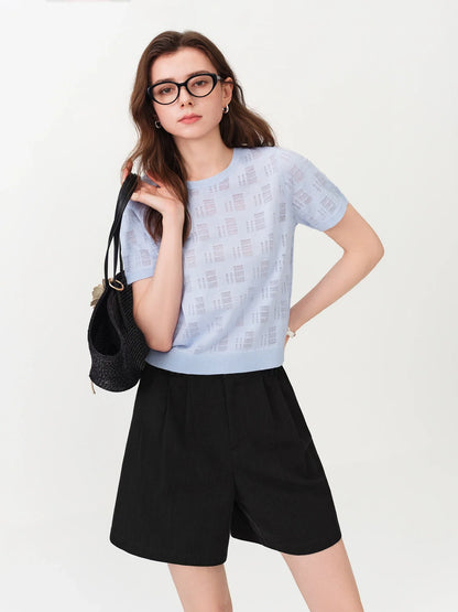 2026 Summer Women's Textured Cut-out Round Neck Short Sleeve Knit Top Soft Lightweight Breathable Blouse Elegant Style