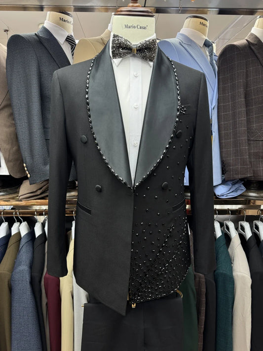 Classy Shawl Lapel Beaded Men Suit 2026 Chic Tuxedo High Quality Set Vintage 2-pieces Party Interview Black Groom Wear