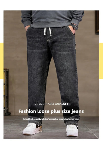Extra Big Size Jeans Men High Elastic Waist Baggy Denim Pant Male Plus Large Loose Slim Fit Cowboy Trouser 8XL 6XL Classic Black