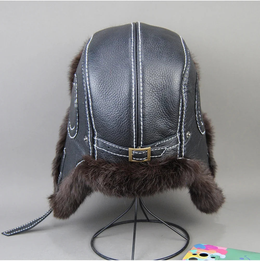 2026 Fashion Men's 100% Natural Rabbit Fur Bomber Hats Winter Russian Man Warm Real Sheepskin Leather Hat Male Real Fur Caps