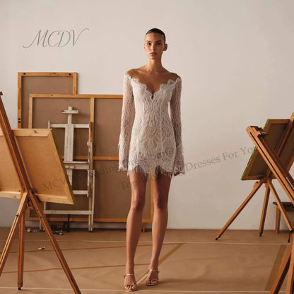 Beaded Fringe Wedding Dress Long Sleeve Civil Lace Bridal Gown Backless Scoop Neck Mini Reception Dress Straight Customized