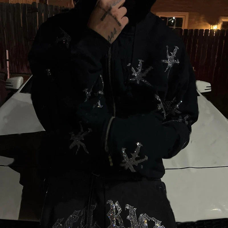 Gothic Long Sleeve Rhinestone Skeleton Hoodie Y2k Jacket Men Hoodies Oversized Full Zip Hoodie Goth Sweatshirt Sport Coat Autumn