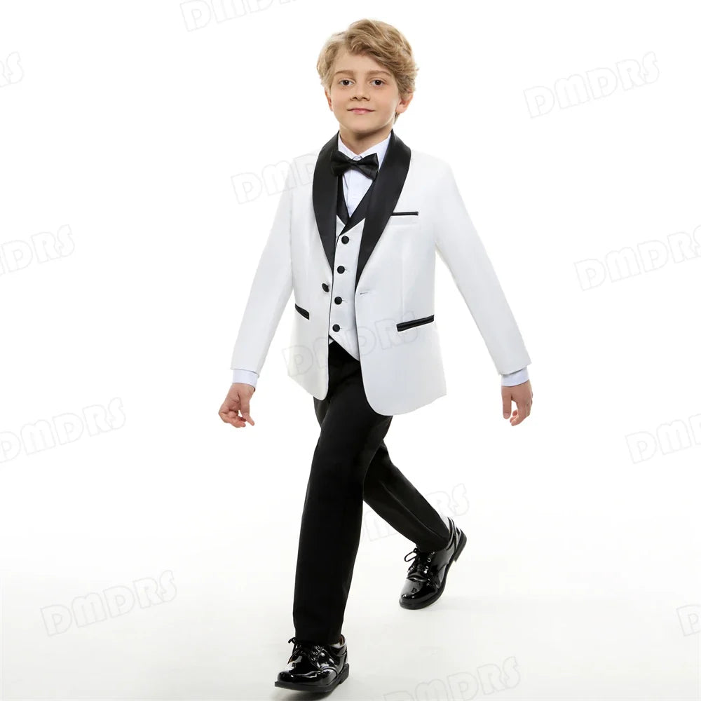 24H Ship White Formal Kids Suit Set, 4 Pieces Suits For Boys From 3-14 Years, Wedding Tuxedo For Kids Ring Bear